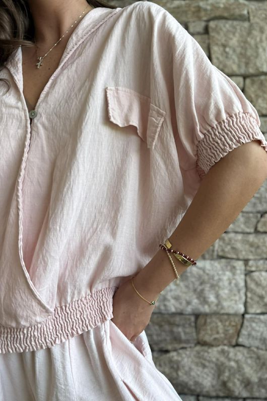 Basso Button Drape Cap Sleeve Shirt Seashell